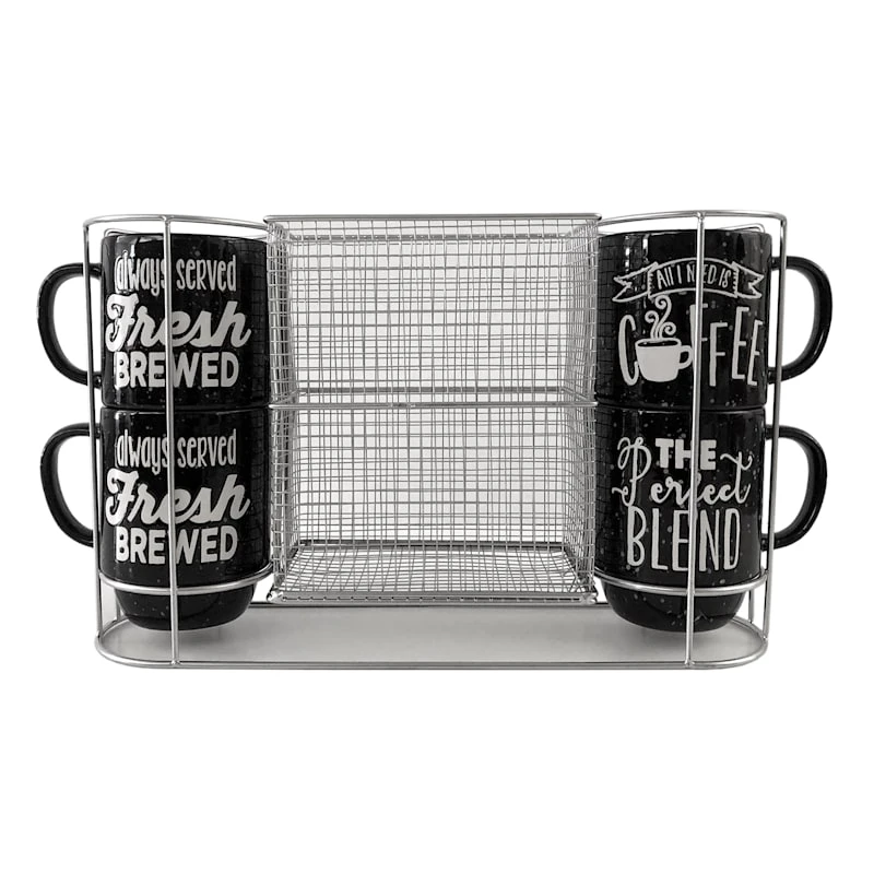 14oz Set Of 4 Stacked Black Mugs With Metal Stand 3 14oz Set Of 4 Stacked Black Mugs With Metal Stand
