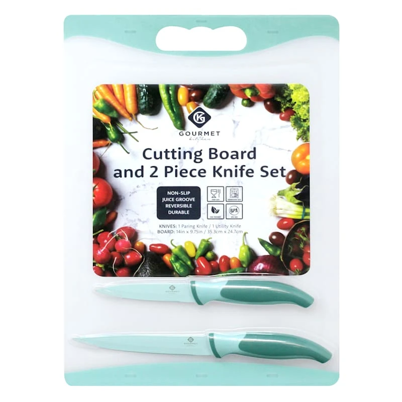 3-Piece Cutting Board With 2 Knives Set, Eggshell Blue 3 3-Piece Cutting Board With 2 Knives Set, Eggshell Blue