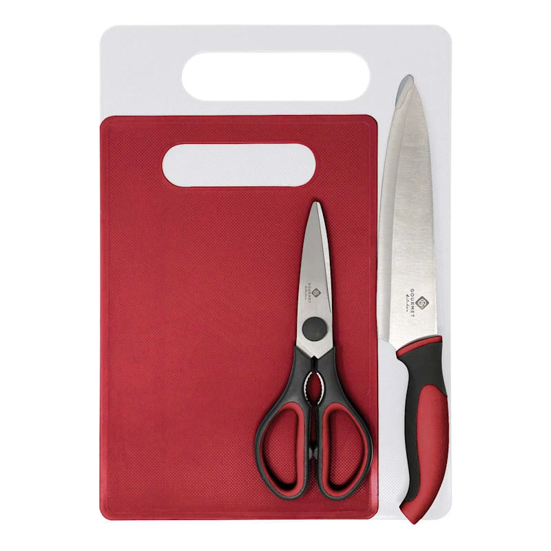 4-Piece Cutting Board Set With Knife & Shears, Red 3 4-Piece Cutting Board Set With Knife & Shears, Red