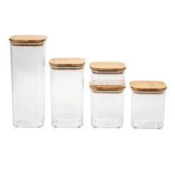 5-Piece Clear Square Canister With Bamboo Lid -Cheap Cookware Store 5 piece clear square canister with bamboo lid 2
