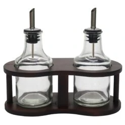 Bistro Set Of 2 Oil & Vinegar Bottles With Wood Base, 250ml