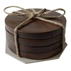 Bistro Set Of 4 Round Wooden Coaster