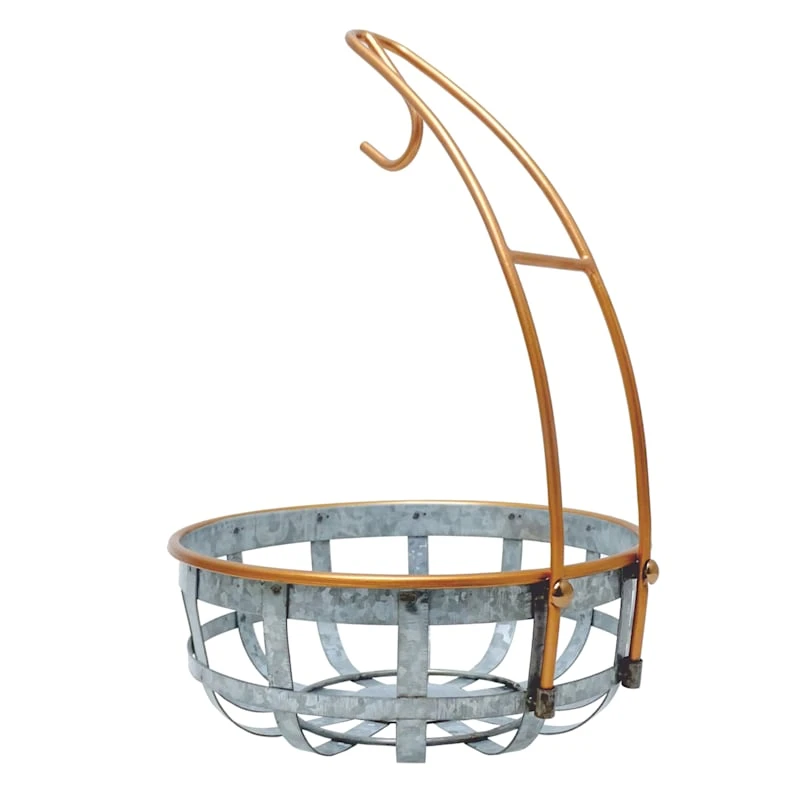 Galvanized Metal With Copper Trim Fruit Basket With Banana Hanger 4 Galvanized Metal With Copper Trim Fruit Basket With Banana Hanger - Image 2