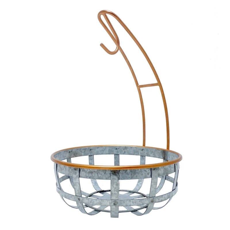 Galvanized Metal With Copper Trim Fruit Basket With Banana Hanger 3 Galvanized Metal With Copper Trim Fruit Basket With Banana Hanger