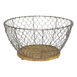 Iron Chicken Wire Basket With Mango Wood Base, Large