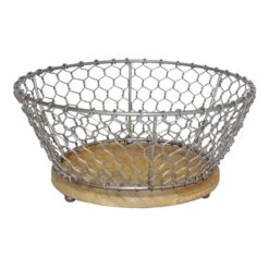 Iron Chicken Wire Basket With Mango Wood Base, Small