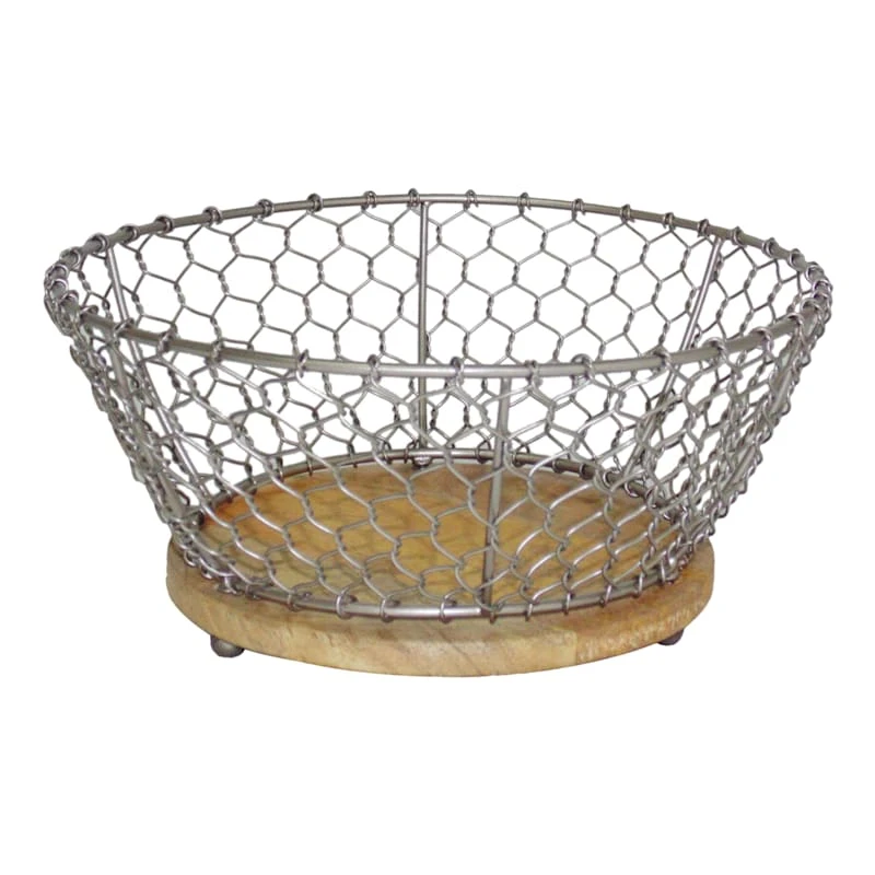 Iron Chicken Wire Basket With Mango Wood Base, Small 3 Iron Chicken Wire Basket With Mango Wood Base, Small