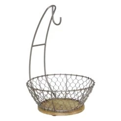 Iron Chicken Wire Basket With Mango Wood Base With Banana Hanger