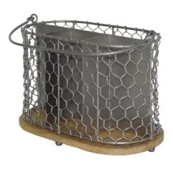 Iron Chicken Wire Weave Utensil Caddy With Mango Wood Base