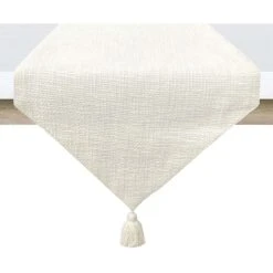 Ivory Textured Table Runner With Tassels, 14x72