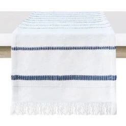 Kenya Indigo Striped Fringe Table Runner, 14x72