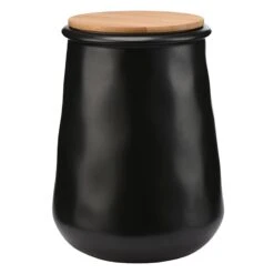 Matte Black Stoneware Canister With Bamboo Lid, Large