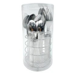 Metal & White Handle Flatware Set