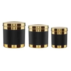 Set Of 3 Black With Gold Lid Canisters