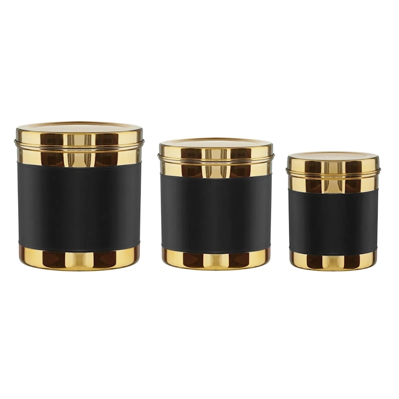 Set Of 3 Black With Gold Lid Canisters 3 Set Of 3 Black With Gold Lid Canisters