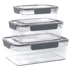 Set Of 3 Rectangle Airtight Food Storage Containers, Charcoal