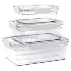 Set Of 3 Rectangle Airtight Food Storage Containers, White