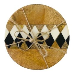 Set Of 4 Black & White Diamond Pattern Wooden Coasters