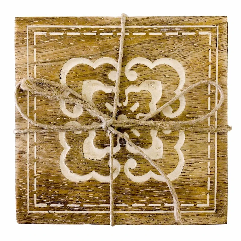 Set Of 4 Etched Medallion Wooden Coasters 3 Set Of 4 Etched Medallion Wooden Coasters
