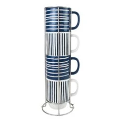 Set Of 4 Navy Blue & White Striped Mugs, 14oz
