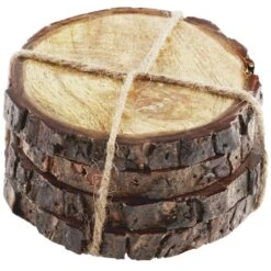 Set Of 4 Round Mango Wood With Bark Edge Coasters