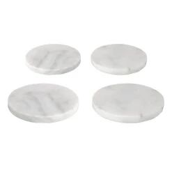 Set Of 4 Round White Marbled Stoneware Coasters