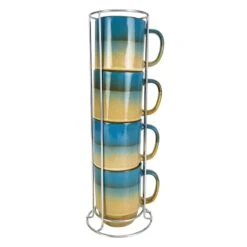 Set Of 4 Stacked Blue & Tan Mugs, 14oz