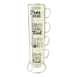 Set Of 4 Stacked Coffee Sayings Mugs, 14oz