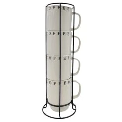 Set Of 4 Stacked Tan Coffee Mugs, 14oz