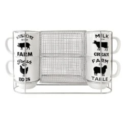 Set Of 4 White Animal Print Mugs With Metal Rack, 14oz