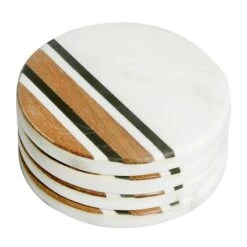 Set Of 4 White Marble & Acacia Wood Coasters