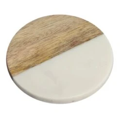 Set Of 4 White Marble & Wood Coasters