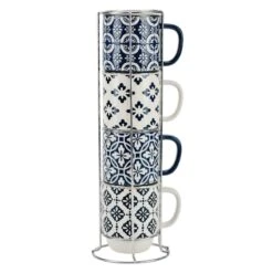 Stacked True Blue & White Patterned Mugs, 14oz