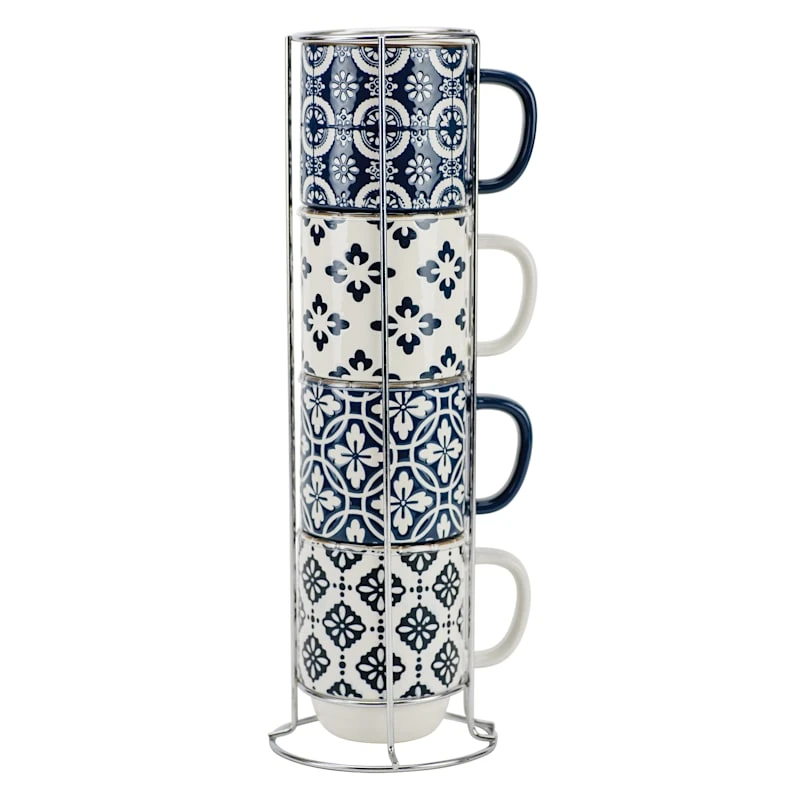 Stacked True Blue & White Patterned Mugs, 14oz 3 Stacked True Blue & White Patterned Mugs, 14oz