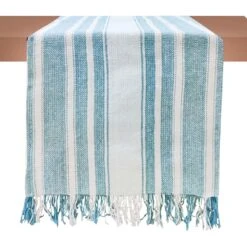 Teal Striped Woven Fringe Table Runner, 72"