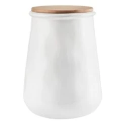 White Canister With Wood Lid, 9"
