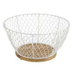 White Iron Chicken Wire Weave & Mango Wood Basket, Large
