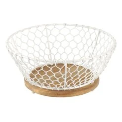 White Iron Chicken Wire Weave & Mango Wood Basket, Small